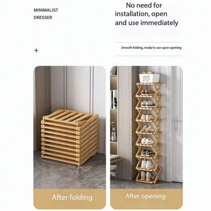 1pc Bamboo Minimalist Foldable Shoe Rack, No Assembly Required, Entryway Storage Organizer - Brown - View 1