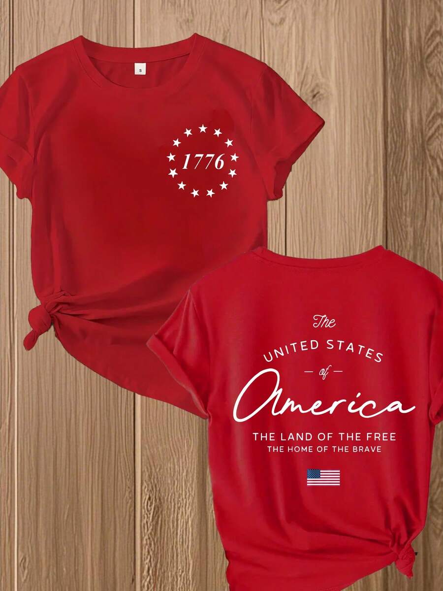 Women's 1776 USA Patriotic Graphic Tee, Red Summer Tops, 4th Of July Vacation Outfits For Women, Fashion Summer Clothes, Patriotic Graphic Tees - 紅色 - 查看 1