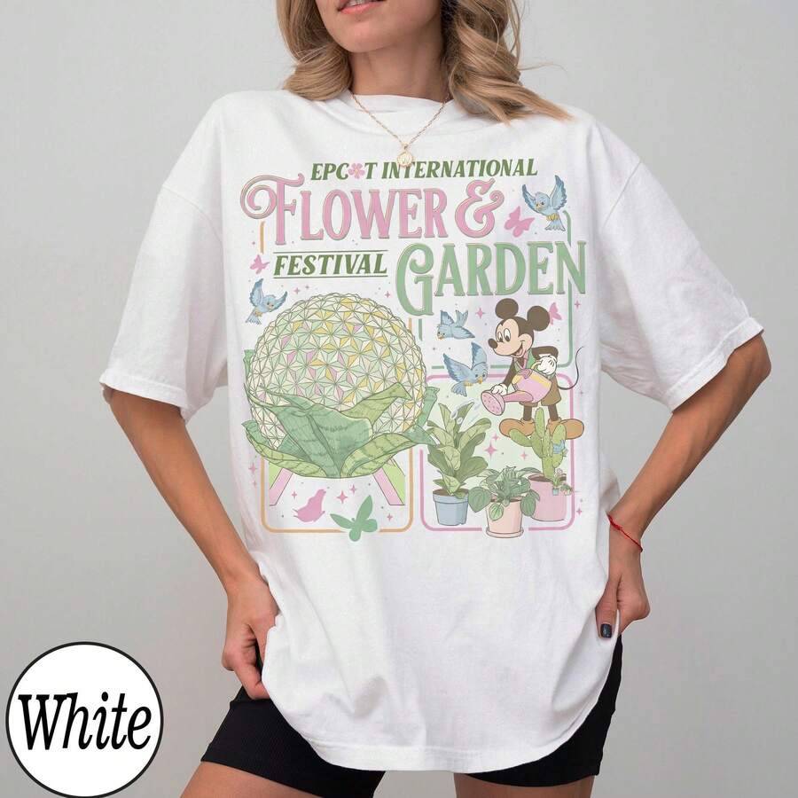 Disney Women's Epcot International Flower & Garden Festival Shirt, Mickey Mouse Gardener Tee, Epcot Tour Gift Casual Cotton T-Shirt, WDW Family Vacation Trip Top - 白色 - 查看 1