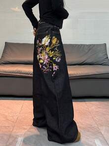 1件美式街頭風女款刺繡寬鬆寬腿牛仔長褲，四季休閒黑色秋季款 - 黑色 - 查看 8