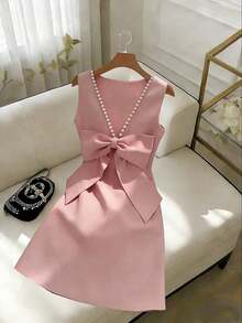 Women's Red Backless Beaded Bow Decor Sleeveless Dress - Rosa - Ver 12
