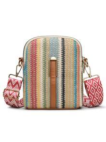 New Fashion Woven Texture Crossbody Bag, Colorblock Striped Straw Woven Bag, Bohemian Style Adjustable Shoulder Strap, Suitable For Beach, Travel, Vacation - Blue - View 5