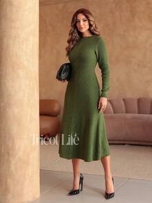 Women's Midi Dress In Mousse Knit, Long Sleeves With Braided Detail, Fitted Waist, Elegant, Winter, Premium, Casual, Party, Work, Travel - 軍綠色 - 查看 9