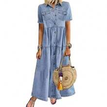 Vestidos Retro para mujer, vestido largo holgado de mezclilla con botones y bolsillos con cuello vuelto de manga corta, vestido largo de verano 2022 - azul claro - Ver 4