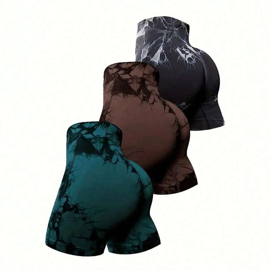 CZGUKE Pantalones deportivos de alta elasticidad para mujer, pantalones cortos ajustados para ciclismo, ejercicio, yoga, pantalones cortos transpirables de cintura alta, conjunto de 3 piezas - Verde Marrón Negro - Ver 1