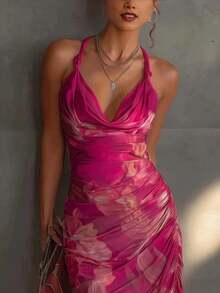 2026 New Arrival Hot Pink Floral Halter Neck Midi Dress, Ruched Bodycon High Slit Sleeveless Party & Date Night Outfit - 玫紅色 - 查看 4