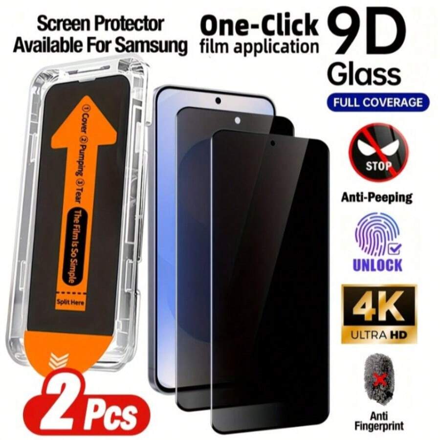 2片装防窥钢化玻璃屏幕保护膜，带自动除尘功能，适用于三星Galaxy S25 6.2英寸，全覆盖防窥钢化玻璃膜，无气泡安装，9H硬度，超声波指纹解锁，包含安装工具包，兼容手机壳 - 黑色 - 查看 1