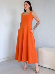 Long, Flared Dress, 100% Cotton, With Pocket And Slit. - Terracotta - View 1