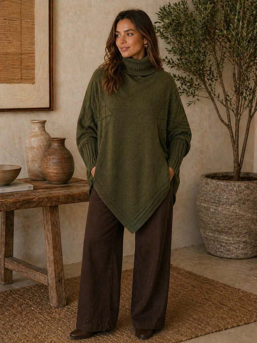 Knitted Poncho With Pointed Hem, Casual Evening Wear, Autumn/Winter. - Army Green - View 1
