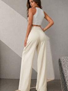 Women's Casual High Waist Wide Leg Pants With Pockets - White - View 7
