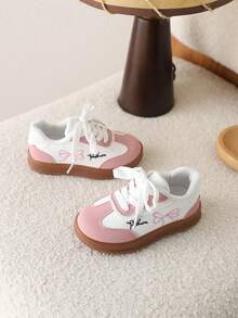 1 Pair Girls' Lightweight Anti-Slip Bow Decor Casual Shoes, New Soft Sole Hook And Loop Sneakers, Versatile - Pink - View 3