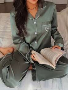 Women's Casual Solid Color Heart Embroidery Minimalist 2-Piece Set, Long Sleeve Top And Long Pants, Suitable As Sleepwear And Loungewear - Green - View 6