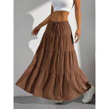 Women Solid Color High Waist Tie Ruffled Hem Maxi Skirt - 咖啡棕 - 查看 3