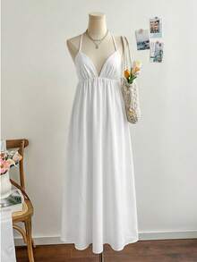 Vestido blanco de mujer sin mangas con cuello en V profundo y espalda abierta, estilo A-line, elegante y casual para resort - Blanco - Ver 7