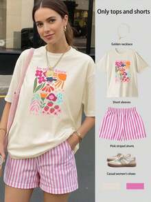 Conjunto de camiseta de manga corta holgada con estampado "Be Still & Know" y pantalones cortos a rayas, traje de mujer, conjunto de dos piezas femenino, atuendo de verano para mujer, ropa de vacaciones, ropa de viaje, estilo de playa, vestimenta de vacaciones minimalista - Multicolor - Ver 5