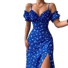 Nuevo vestido Midi ajustado de manga corta con hombros descubiertos y estampado Floral informal elegante de verano para mujer para fiesta y vacaciones en Club - Azul - Ver 4