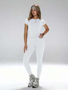 Conjunto de yoga para mujer, pantalones deportivos de cintura alta, conjunto deportivo moldeador de 2 piezas, conjunto de yoga que afina la cintura, camiseta de cuello redondo ajustada combinada con pantalones de yoga de cintura alta, conjunto esencial de 2 piezas para mujer en verano - Blanco - Ver 7