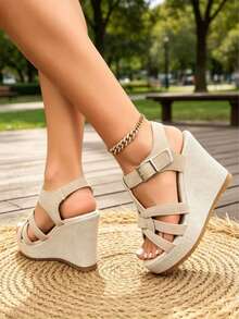New Summer Platform Wedge Sandals, Thick Sole Waterproof Elevated Slimming Shoes - Apricot - View 5