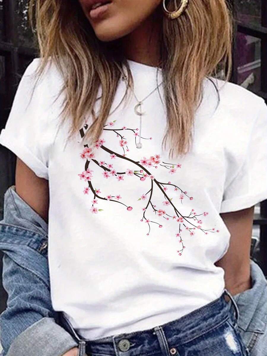 Camiseta de manga corta con estampado de flores de cerezo para mujer - Cuello redondo, estilo casual con temática de flores de cerezo para primavera/verano (lavable a máquina)una camiseta estampada muy distintiva / estilo unisex / adecuada tanto para hombres como para mujeres / resistente a las arrugas / transpirable - Blanco - Ver 1