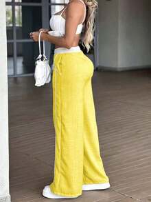Pantalones de pierna ancha de cintura alta de color gris verdoso claro estilo Y2K, pantalones casuales sueltos con cordón, estilo europeo y americano, pantalones rectos versátiles y estilizadores para primavera/verano - Amarillo - Ver 2