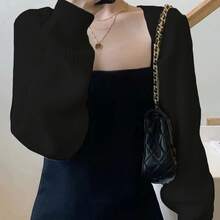 Chal de punto de color liso con mangas, cárdigan multifuncional, bufanda de moda, protector solar, calentador de cuello para uso diario y vestir. - Negro - Ver 4