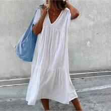 2025 nueva falda larga de mujer de algodón de lino de manga corta cuello redondo suelto Color sólido moda Simple vestido rosa de vacaciones - Blanco - Ver 5