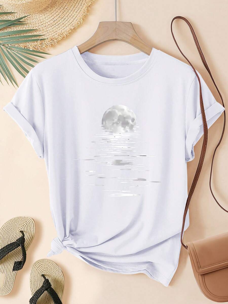 Camiseta de algodón de manga corta para mujer con estampado de luna y mar, camiseta casual de manga corta con cuello redondo para mujer, estilo veraniego, tallas S-XXL - Blanco - Ver 1