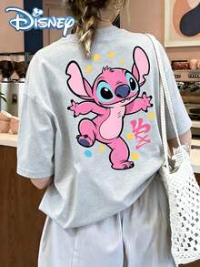 Camiseta de cuello redondo de moda para mujer, de gran tamaño, con estampado de Stitch saltando en un vibrante color rosa con temática de Disney, perfecta para usar en ocasiones informales en primavera y verano: un regalo considerado para ella. - Gris Claro - Ver 2