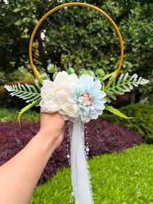 1 Vòng hoa giả màu trắng cho phù dâu, vòng hoa cầm tay màu vàng với ruy băng ren và ngọc trai, trang trí lễ cưới phong cách Boho, lễ hội, sinh nhật. - Nhiều màu - Xem 7