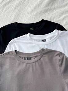 Set de 3 camisetas de cuello redondo de manga corta de ajuste ceñido para mujer, 95% algodón, en negro, blanco y gris, adecuadas para todas las estaciones, interior y exterior, con estilo vintage y lindo para verano, para salidas de verano, en casa, vuelta al colegio, otoño, camisetas básicas versátiles para mujer en paquete de 3 unidades - Multicolor 8 - Ver 5