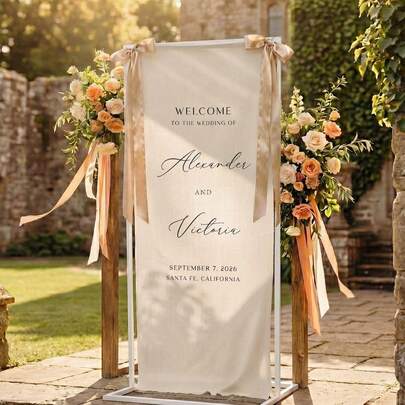 Custom Wedding Welcome Sign, Cotton Linen, Sheer Curtain Fabric, Minimalist Personalized Party Decor, Fabric Logo, Wedding Welcome Banner