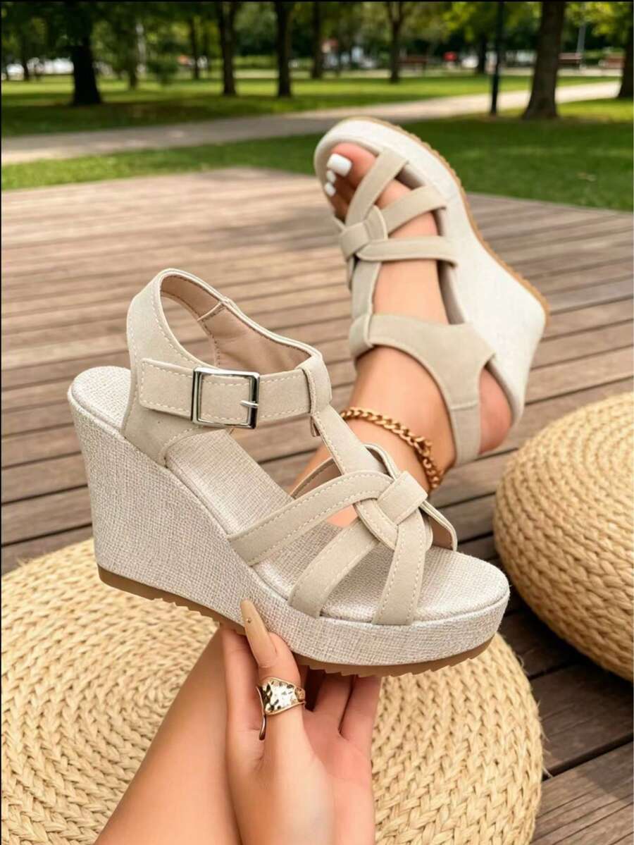 New Summer Platform Wedge Sandals, Thick Sole Waterproof Elevated Slimming Shoes - Apricot - View 1