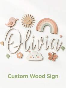 1pc Personalized Macaron Wooden Name Plate For Kids, Suitable For Children's Room, Nursery Decoration, Customizable Macaron Color, Wooden Children's Room Wall Decor, Back To School Gift - Beige - View 8