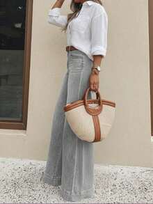 Jeans de tiro alto y pierna ancha para mujer, tela vaquera ligera y cómoda, jeans elásticos lavados, estilo largo elegante, uso casual de primavera/verano, versátil para diario/commute, moda callejera, ≥70% algodón - Gris Claro - Ver 3