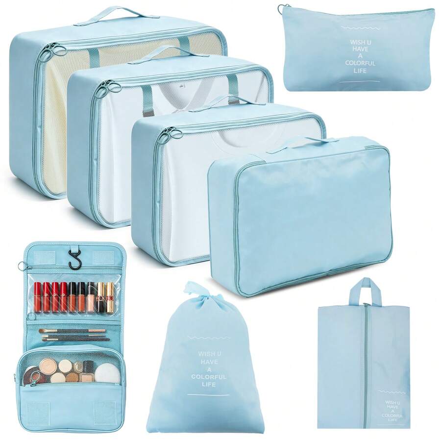 8pcs Packing Cubes Travel Set, Luggage Organizer Mesh Breathable Travel Containers, Plane Travel Essentials Dorm Room Essentials College Cruise Essentials, Travel Essentials Travel Necessities For Clothes Shoes Cosmetics Suitcase Organizer - 藍色 - 查看 1