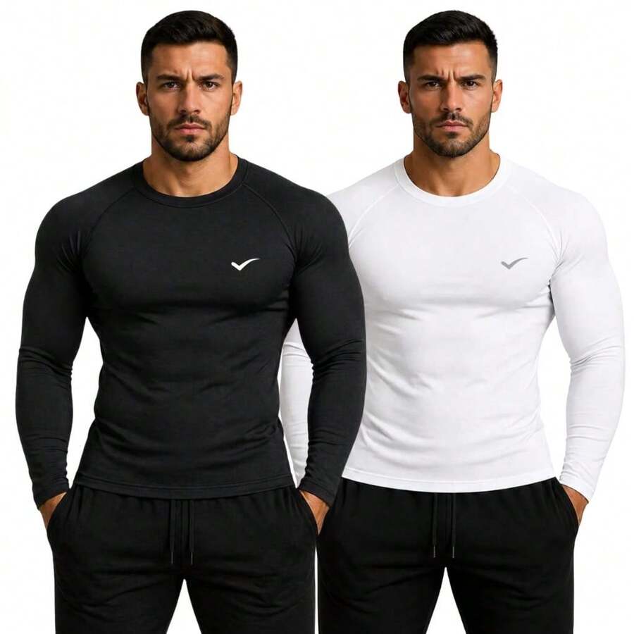 Kit Of 2 Thermal UV 50+ Base Layer Shirts/T-Shirts/Cool Mesh Shirts For Gym And Sports - 黑白 - 查看 1