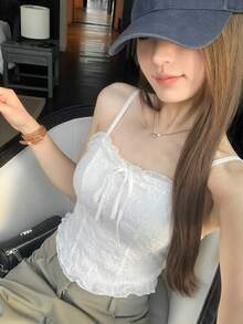 女款黑色蕾絲提花內搭背心，胸部加墊，無肩帶短版內搭衫，休閒白色夏季款 - 白色 - 查看 1