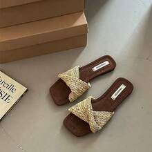 Sandal Selop Tenun Sol Tebal Ujung Persegi Bergaya Prancis untuk Wanita, Sandal Platform Wedges Chic untuk Liburan - Khaki - View 4
