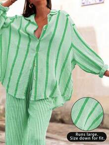 1 pieza de camisa de manga larga para mujer, casual, refrescante, cómoda, holgada, a rayas, con botones, adecuada para primavera/verano/otoño, para ir al trabajo, uso diario, viajes, cafeterías, fiestas al aire libre, regreso a la escuela, vacaciones. - Verde - Ver 11