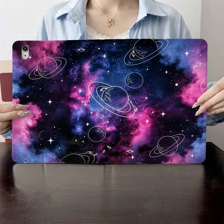 1个紫色和蓝色星系星云图案线条艺术行星印花平板电脑保护套，兼容iPad，通用智能保护套，兼容iPad - 兼容iPad Air 6/5/4、10（10.9英寸）、iPad Pro 2024/M3/A16 2025 - 彩色 - 查看 1