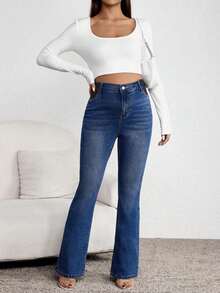 Jeans informales versátiles con bolsillos acampanados para mujeres embarazadas - Azul lavado oscuro - Ver 4