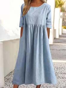 Novedad de verano, vestido informal de algodón y lino de manga corta con bolsillo y cuello redondo suelto para mujer 300 - azul claro - Ver 5