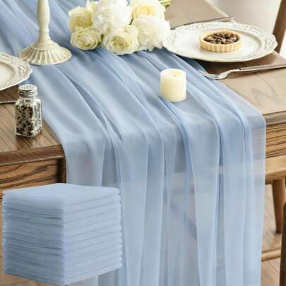 Dusty Blue Sheer Table Cloth, Organza Chair Sash, Seasonal Transparent Kitchen Dining Table Decor, Suitable For Holidays, Parties, Weddings, Birthdays, Baby Christening Events, Church Chair Covers, Outdoor Seating Decor For Weddings & Events, Aisle Decor Fabric, Curtain Material, Wrinkle-Free