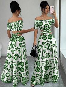 de moda con estampado floral, hombros descubiertos, manga corta y cintura hueca - Verde - Ver 7