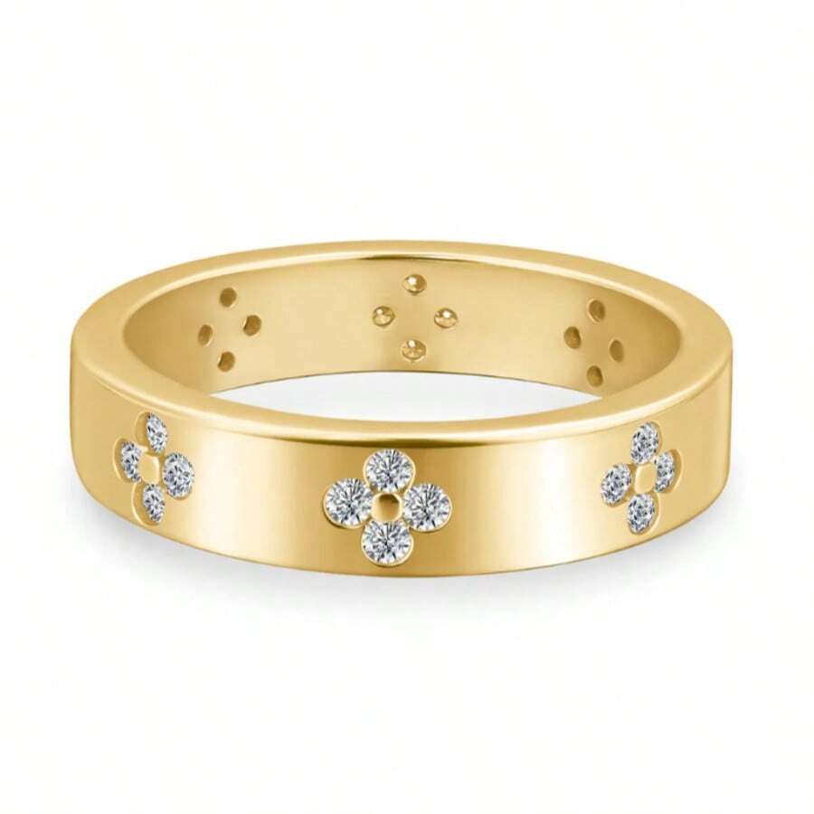 Nhẫn hình cỏ bốn lá tối giản, mạ vàng 18K đính đá Zirconia, nhẫn cưới sang trọng tinh tế dành cho nữ. - Vàng - Xem 1