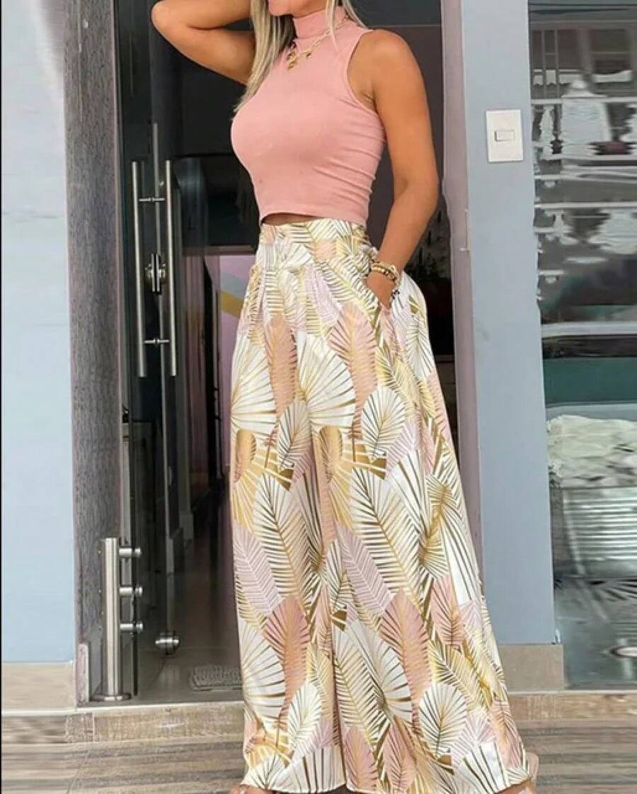 Conjunto de Dos Piezas con Estampado de Moda Verano 2026, Top sin Mangas Informal para Mujer, Pantalones Anchos, Conjunto de Dos Piezas para Mujer - 6 - Ver 1