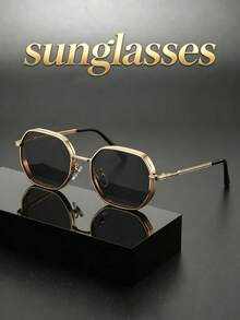 Unisex Fashion Polygonal Metal Thick-Rimmed Hollow Design Sunglasses, Minimalist Elegant Frame For Daily, Commute, Driving, Business, UV400 Lenses - Multicolor - View 3