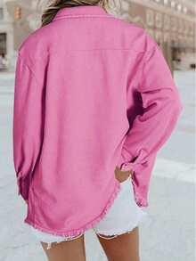 Women's Solid Color Casual Denim Jacket With Pockets And Frayed Hem, Long Sleeve, Spring/Autumn Pink - Pink - View 3