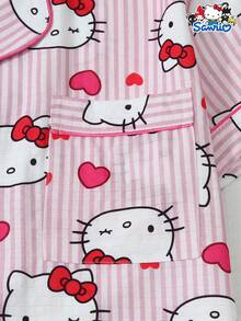 SANRIO 三丽鸥女士睡衣套装，Hello Kitty条纹爱心印花短袖口袋上衣和蝴蝶结短裤休闲家居服 - 粉色 - 查看 5