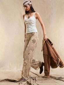 Pantalones rectos holgados de estilo bohemio con patrón de cuentas en color marrón para mujer, de verano - Albaricoque - Ver 3